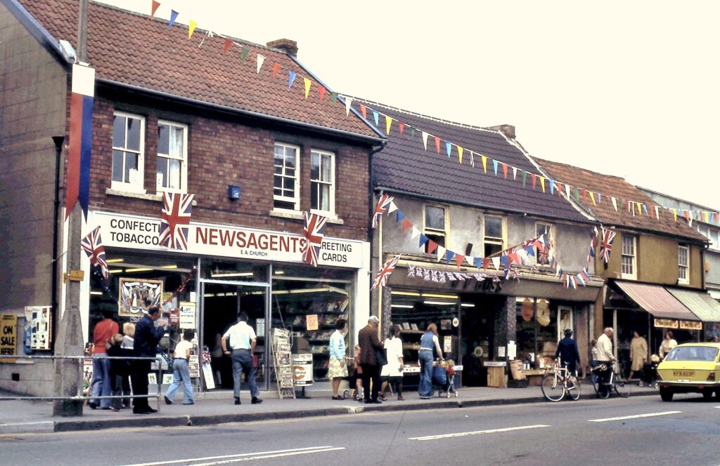 Shops on Keynsham High Street decorated for the Queen's Silver Jubilee in 1977