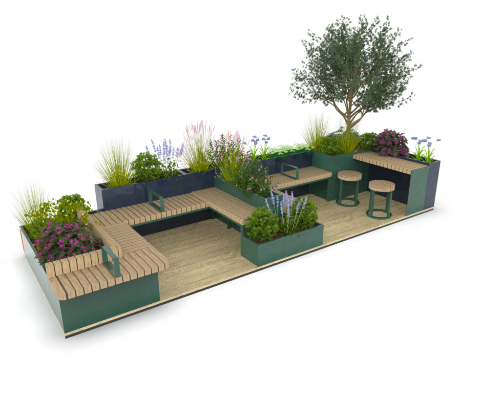 Phase 2A: Example Parklet Design. Co-designed by Meristem (Designers), Keynsham HS HAZ Programme Board and a seating and greening working group.